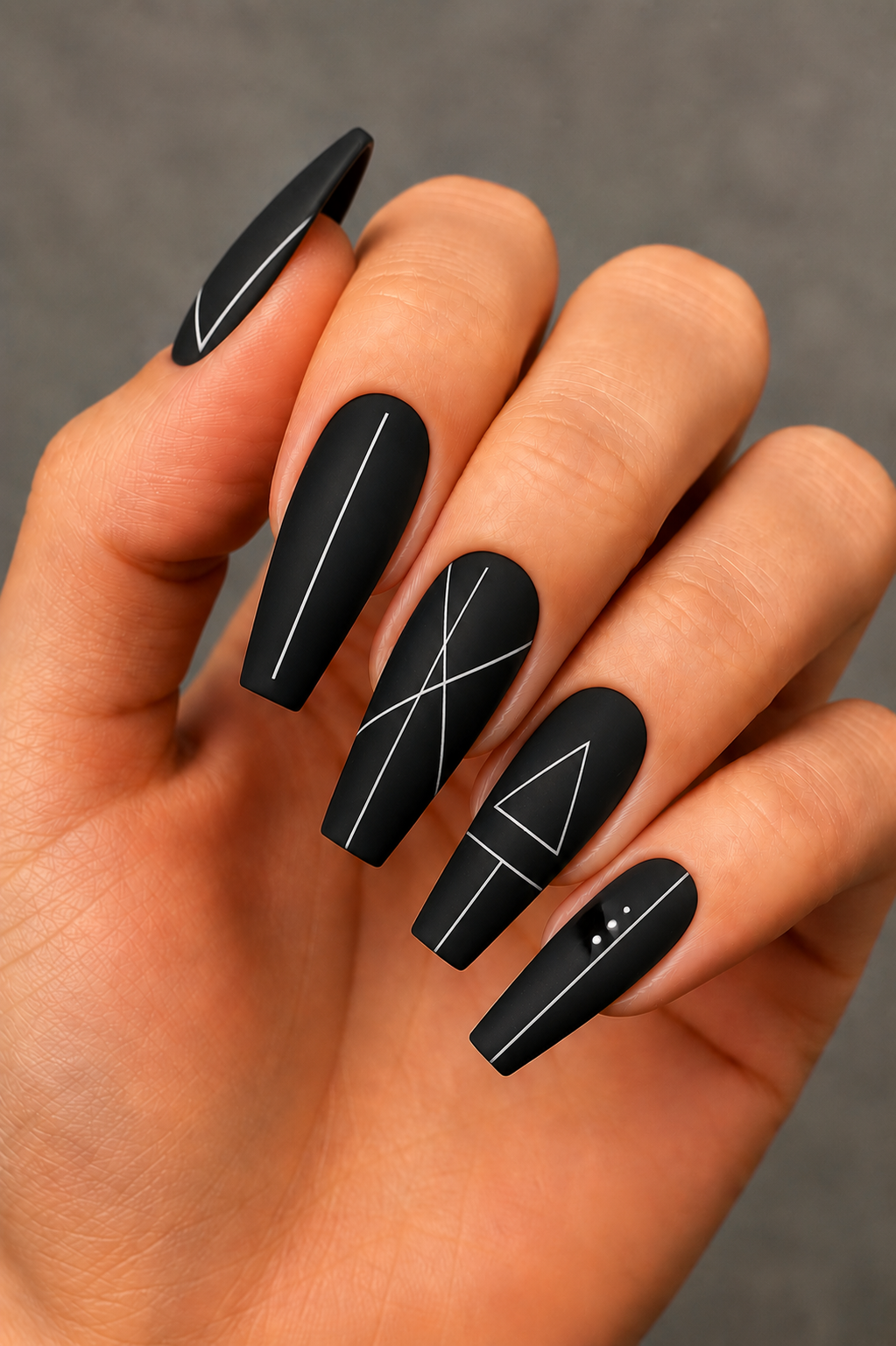 matte black thin line art nails