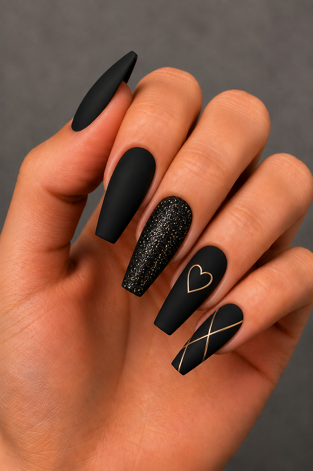 full glam matte black mixed nails