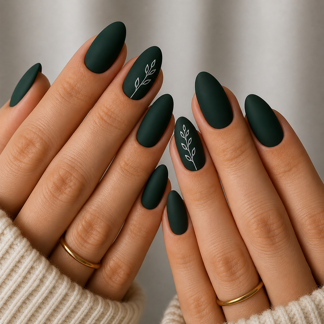 forest green white botanical line art nails