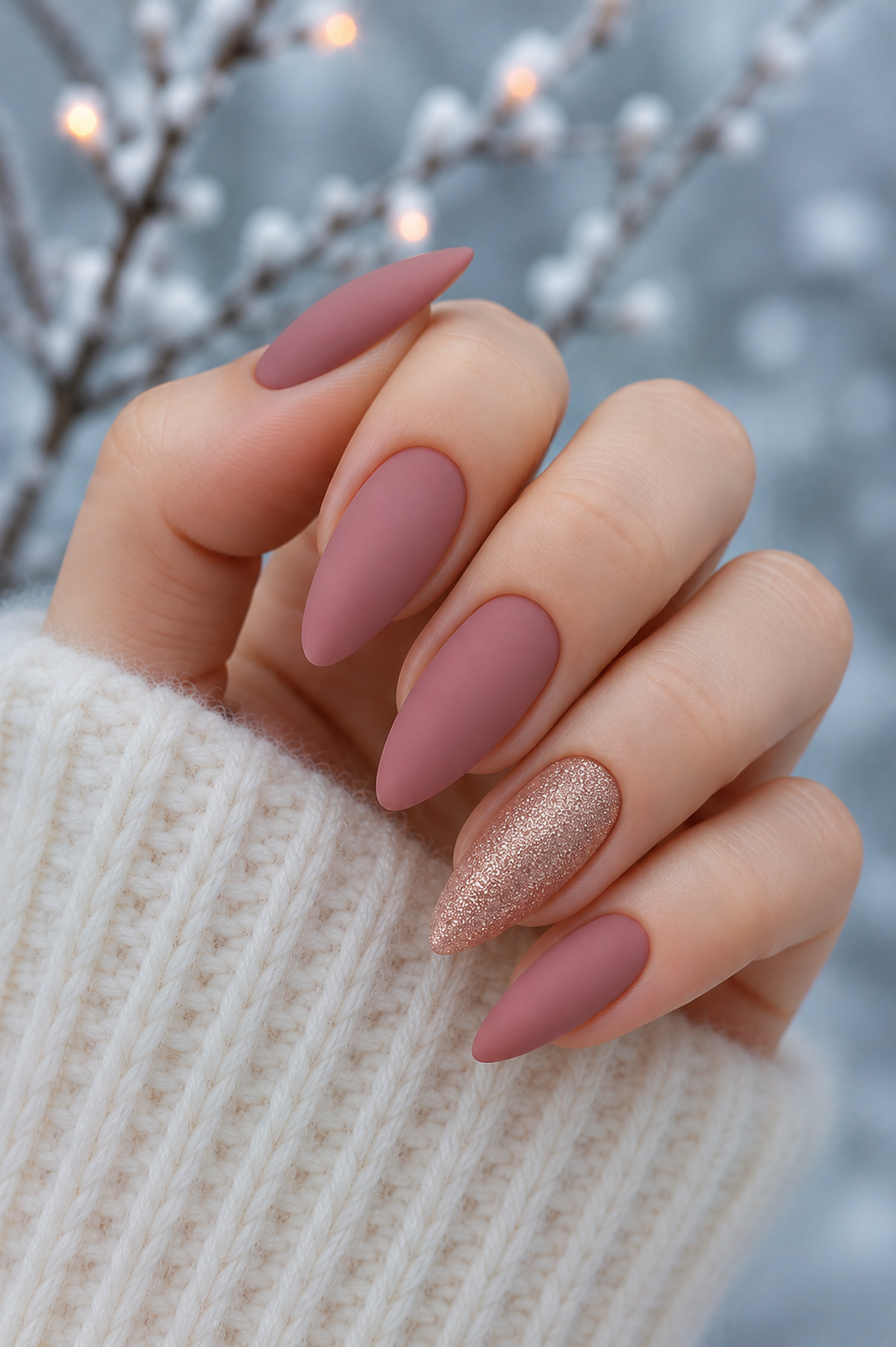 rose mauve glitter accent nails