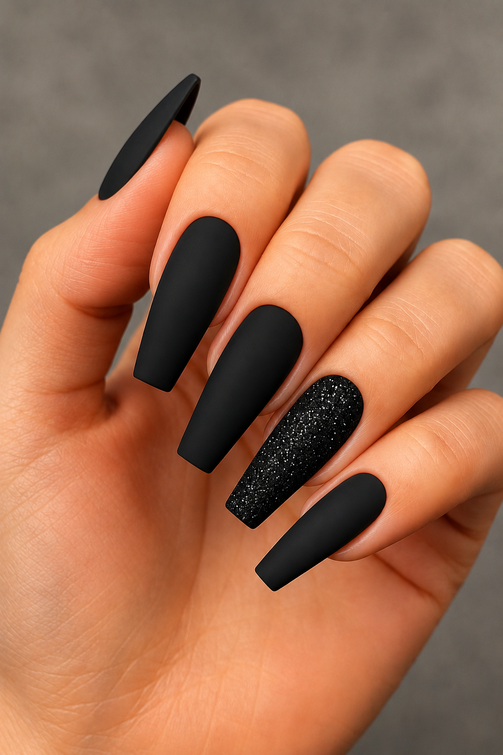 matte black glitter accent nails