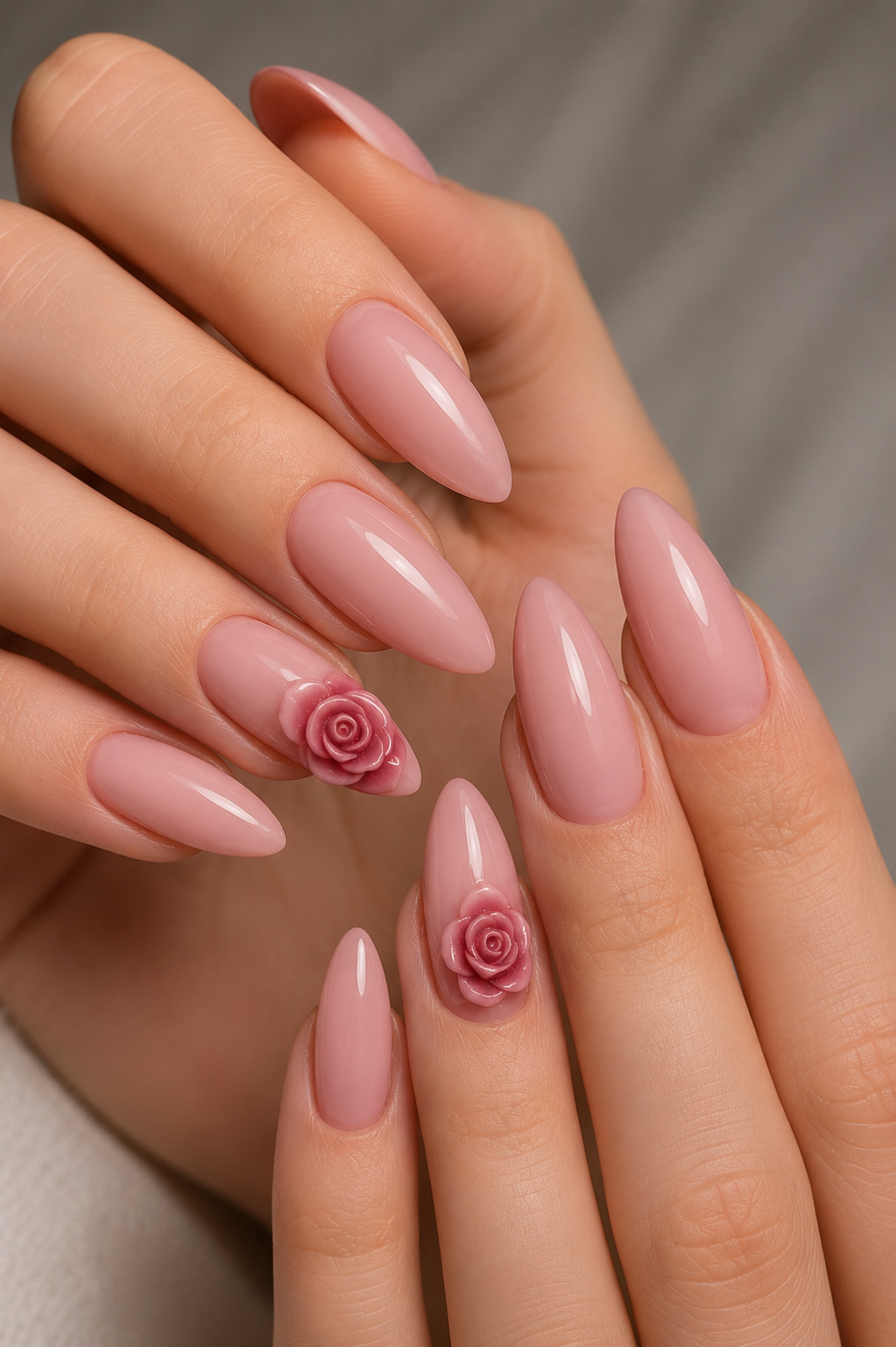 soft pink base 3D rose accent nails