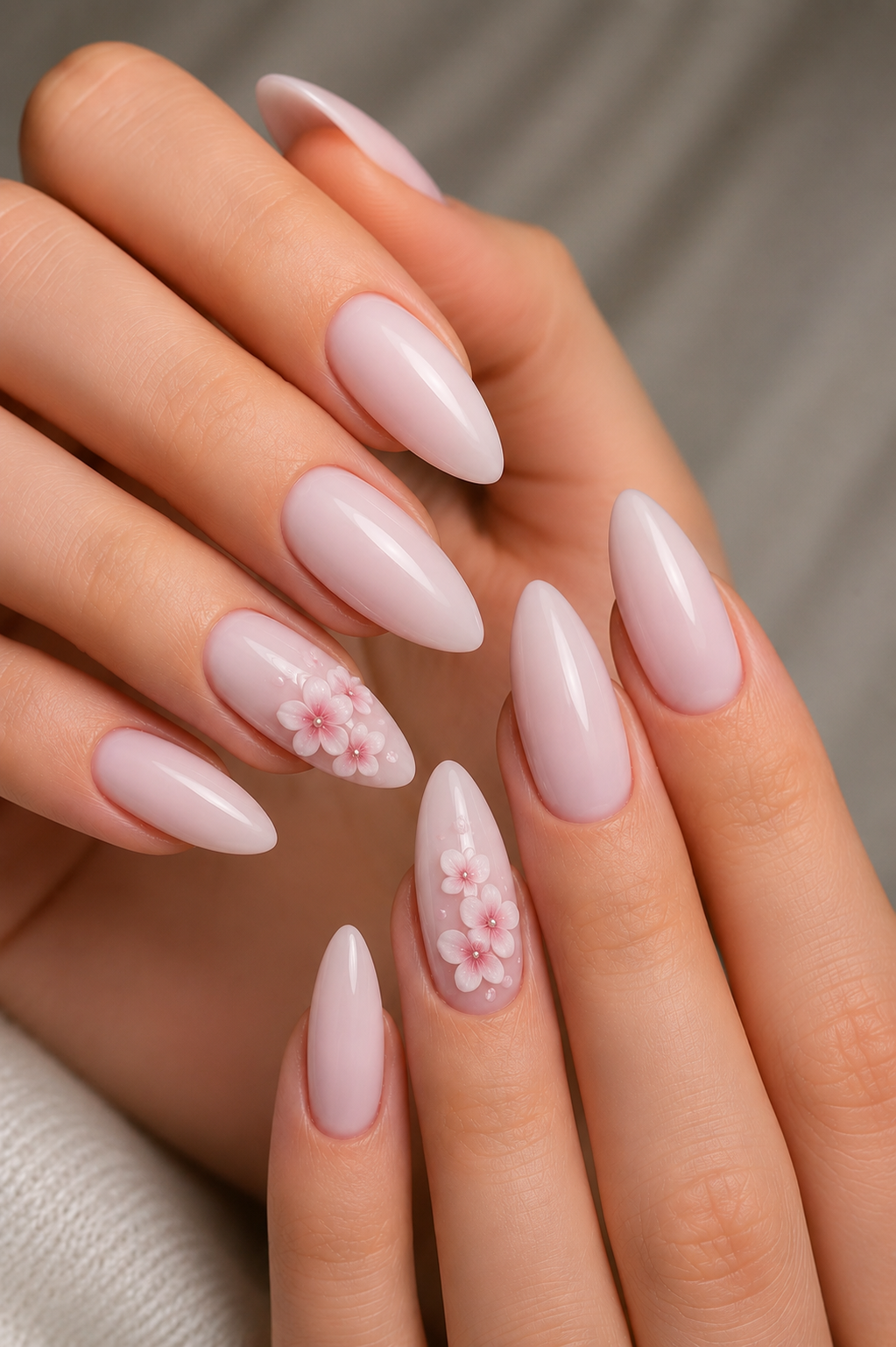 white pink 3D cherry blossom nails