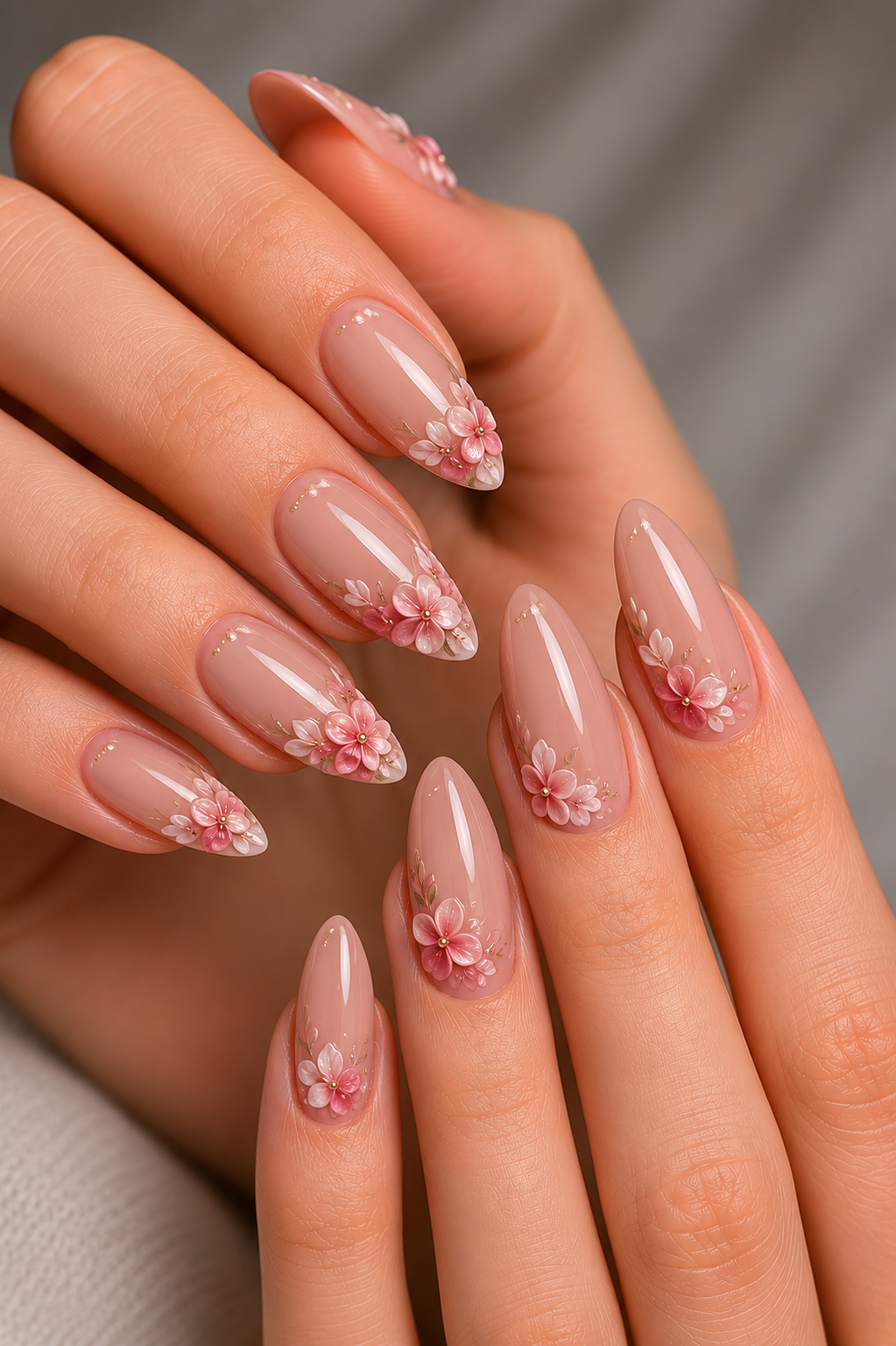 nude base pink 3D floral tip nails