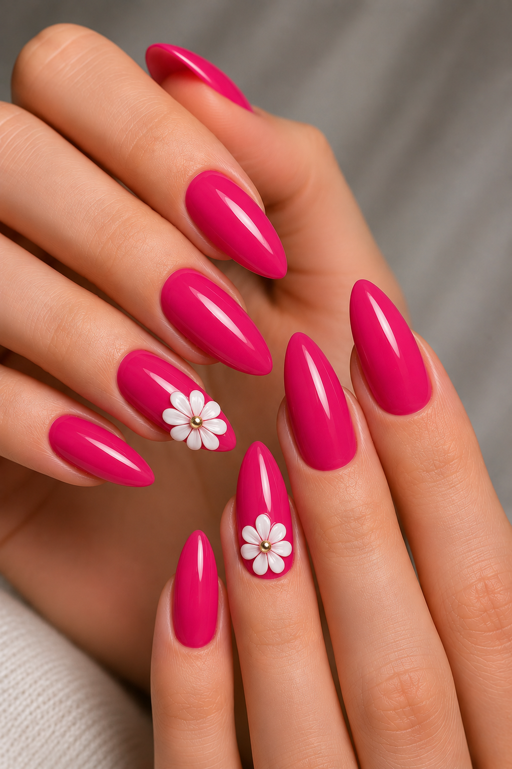 hot pink 3D white daisy nails