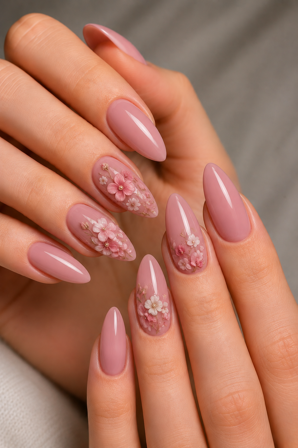 dusty pink 3D dried flower nails
