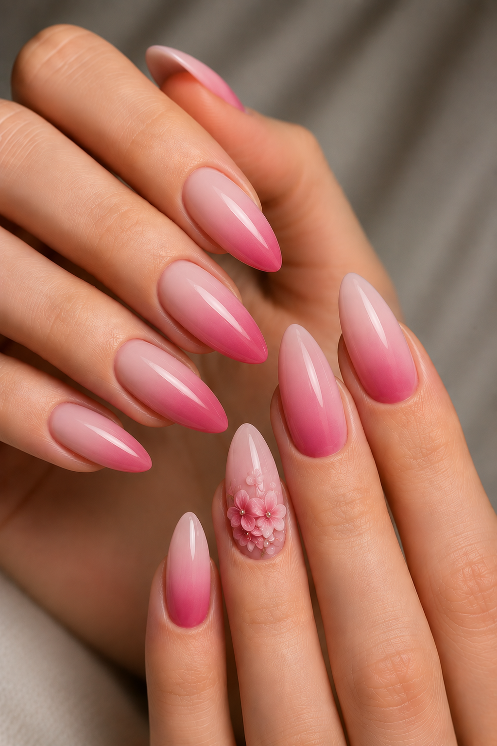 pink ombre 3D floral nails