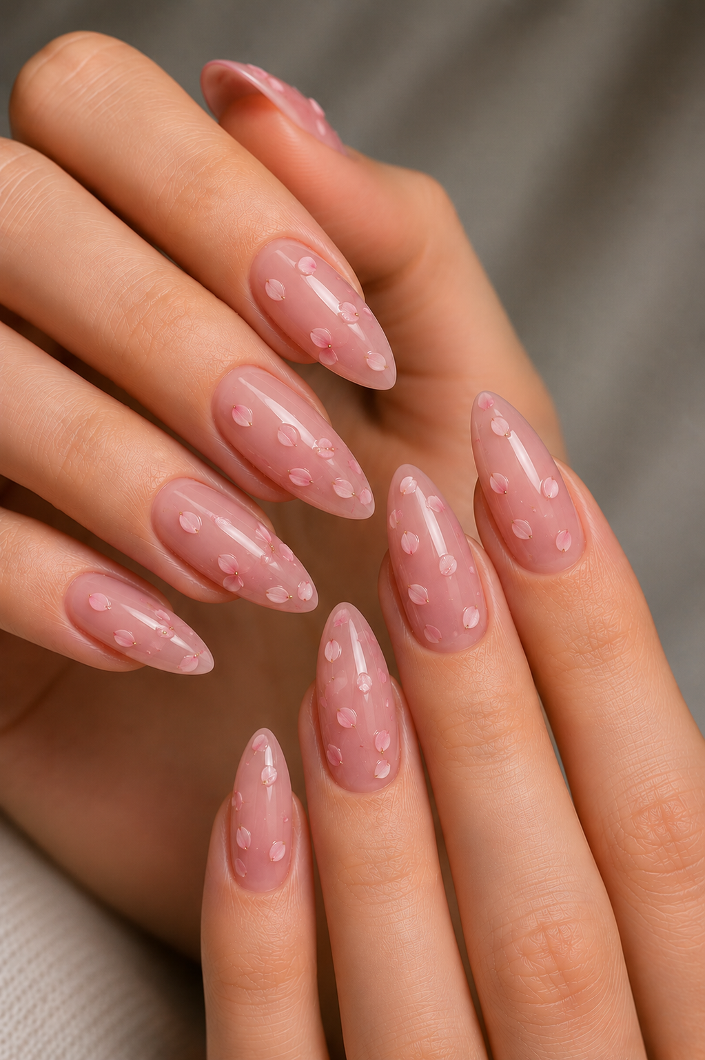 sheer pink 3D petal scatter nails