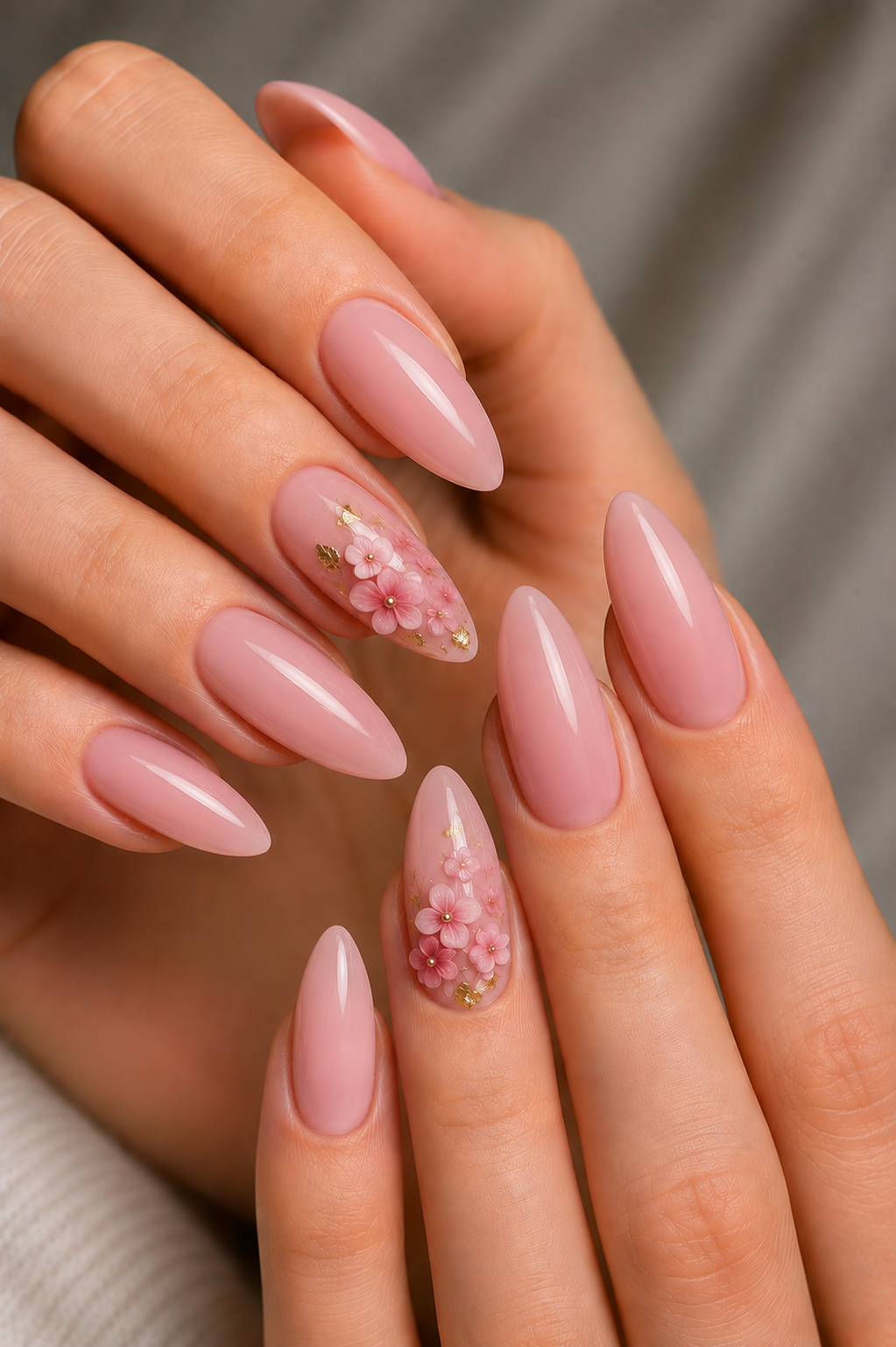 pink 3D floral gold leaf nails