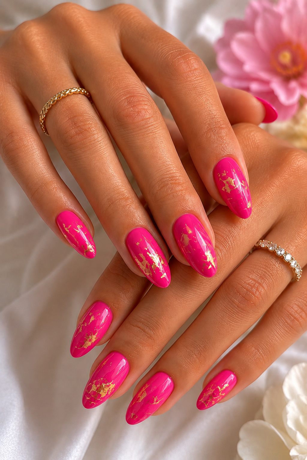 hot pink gold foil summer nails 2026